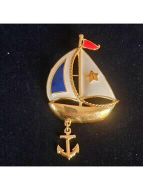 Vtg Gold Tone Sailboat Brooch with Anchor Charm and Red White Blue Enamel Detail